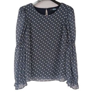 Eva Franco- Women's Small- Lesley Blouse in Navy Clip Dot tiny white 3D flowers